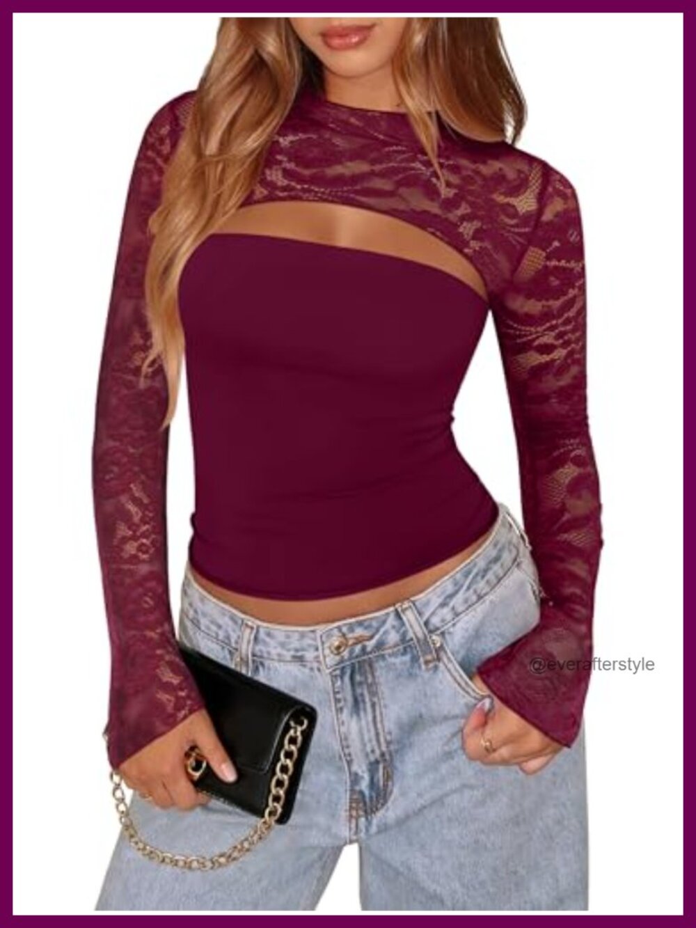 Lace Long Sleeve Cutout Top Double Lined Y2K Night Out Shirt